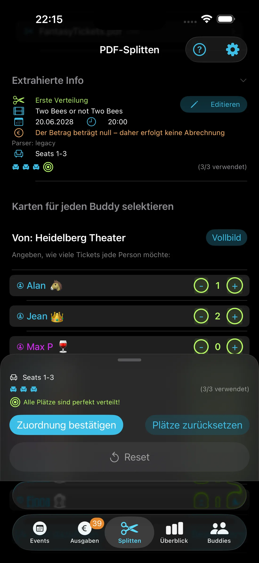 TicketFae-Splitten-Bildschirm: Tickets aus einer PDF werden jedem Buddy zugewiesen