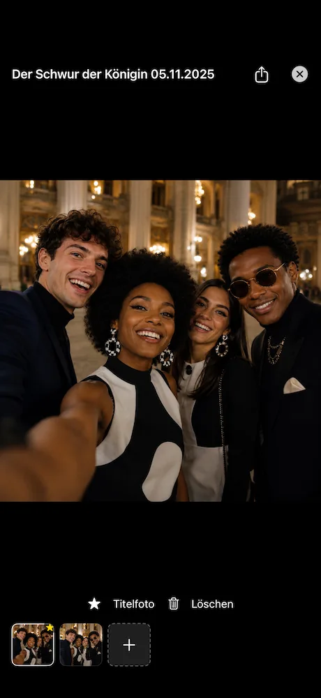 TicketFae-Fotogalerie eines Events — vier Freunde im Abendkleid teilen ein unvergessliches Selfie nach der Oper Der Schwur der Königin
